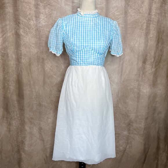 Vintage 70s Blue & White Checkered Prairie Dress Midi Short Sleeve Lace Peasant - Picture 1 of 7